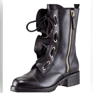 Valentino Black Ruffled Laceup Biker Boot 37/ 6.5